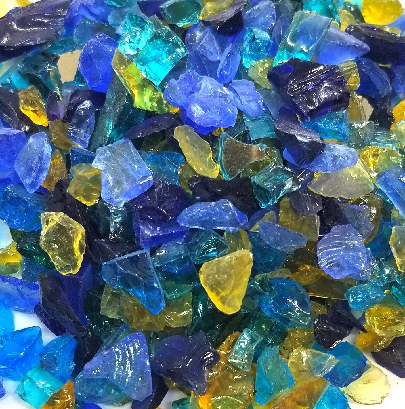 Royal Blue Yellow Teal Blend 1/2" - 3/4" Large Premium Fire Glass for Fireplace and Fire Pit