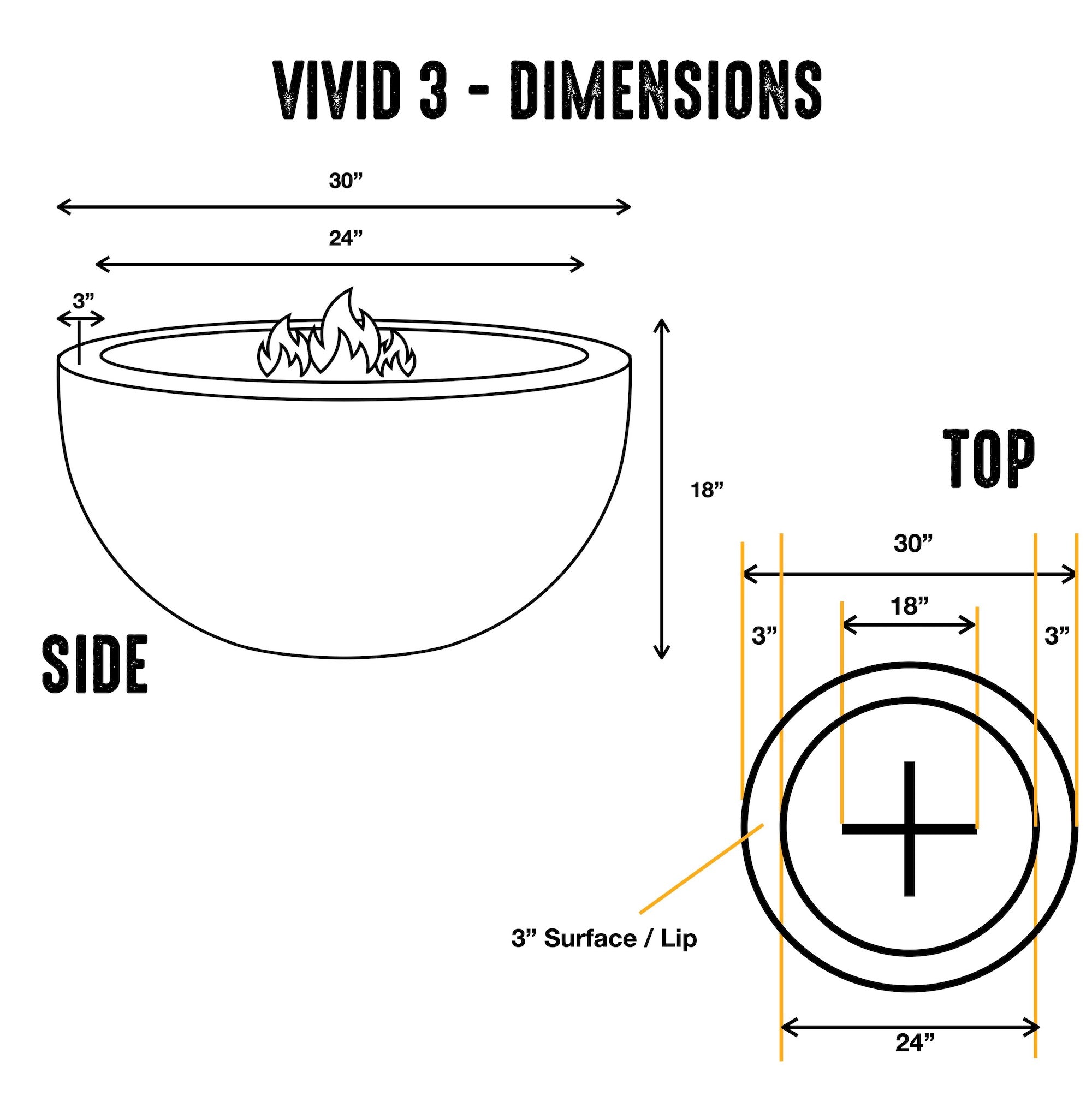 VIVID 3 - 30" Premium Round Cement Fire Pit Table Bowl GFRC Concrete - Natural Gas or Propane