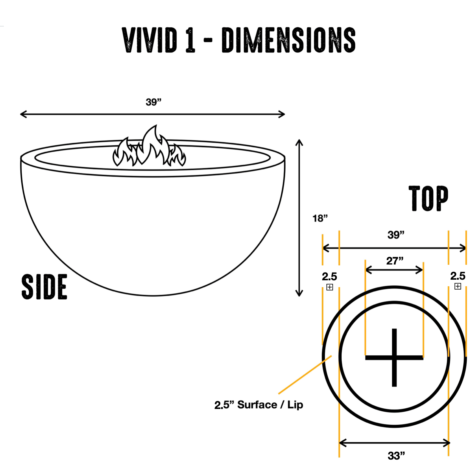 VIVID 1 - 39" Premium Round Cement Fire Pit Table Bowl GFRC Concrete - Natural Gas or Propane