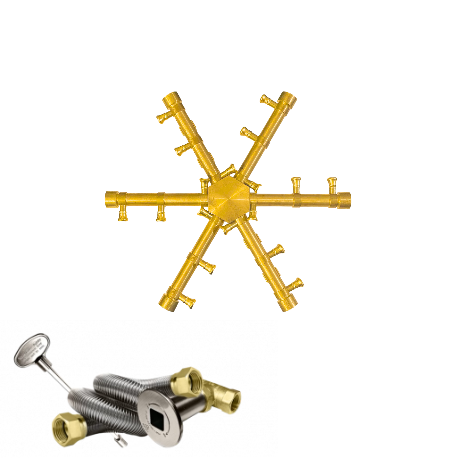 FireGear Pro Series Brass Round Burning Spur Burner - Fire Pit Burner Kit With Key Valve & Gas Line