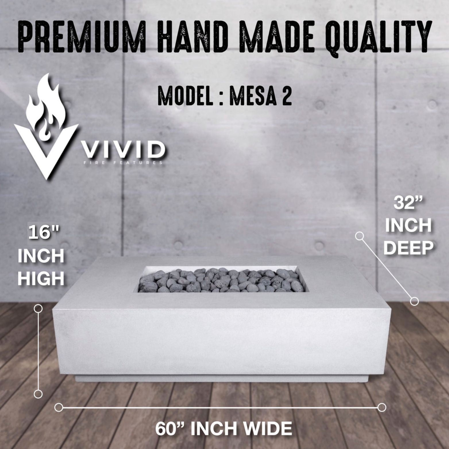 MESA 2 - 60" Premium Rectangular Cement Fire Pit Table Bowl GFRC Square Concrete - Natural Gas or Propane