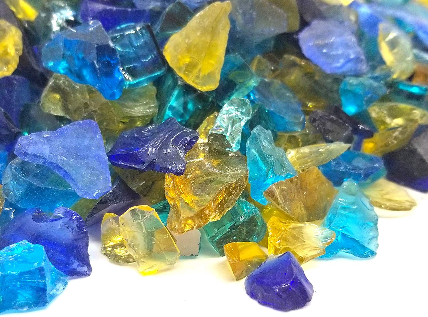 Royal Blue Yellow Teal Blend 1/2" - 3/4" Large Premium Fire Glass for Fireplace and Fire Pit