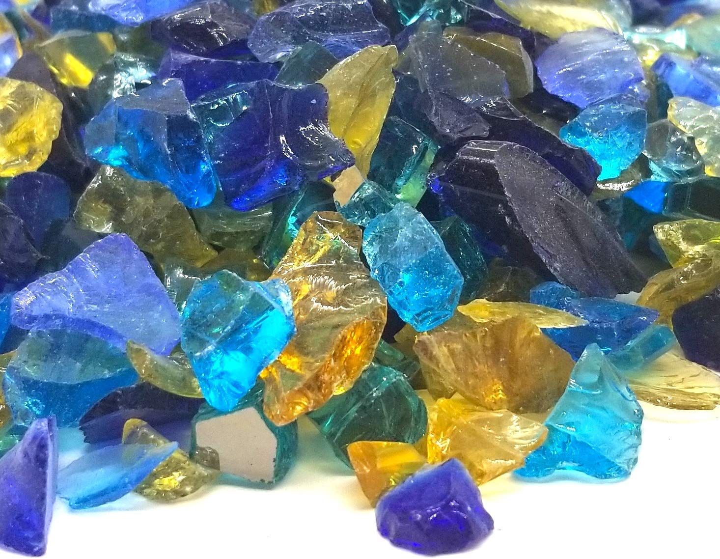 Royal Blue Yellow Teal Blend 1/2" - 3/4" Large Premium Fire Glass for Fireplace and Fire Pit