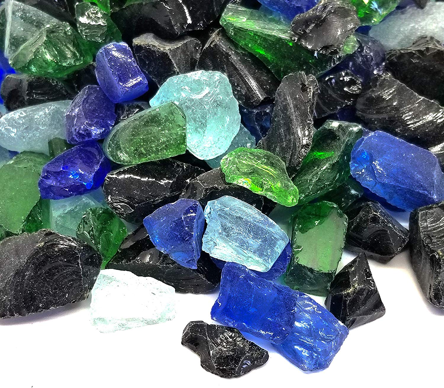 Black Aqua Green Blue Blend 1/2" - 3/4" Large Premium Fire Glass for Fireplace and Fire Pit
