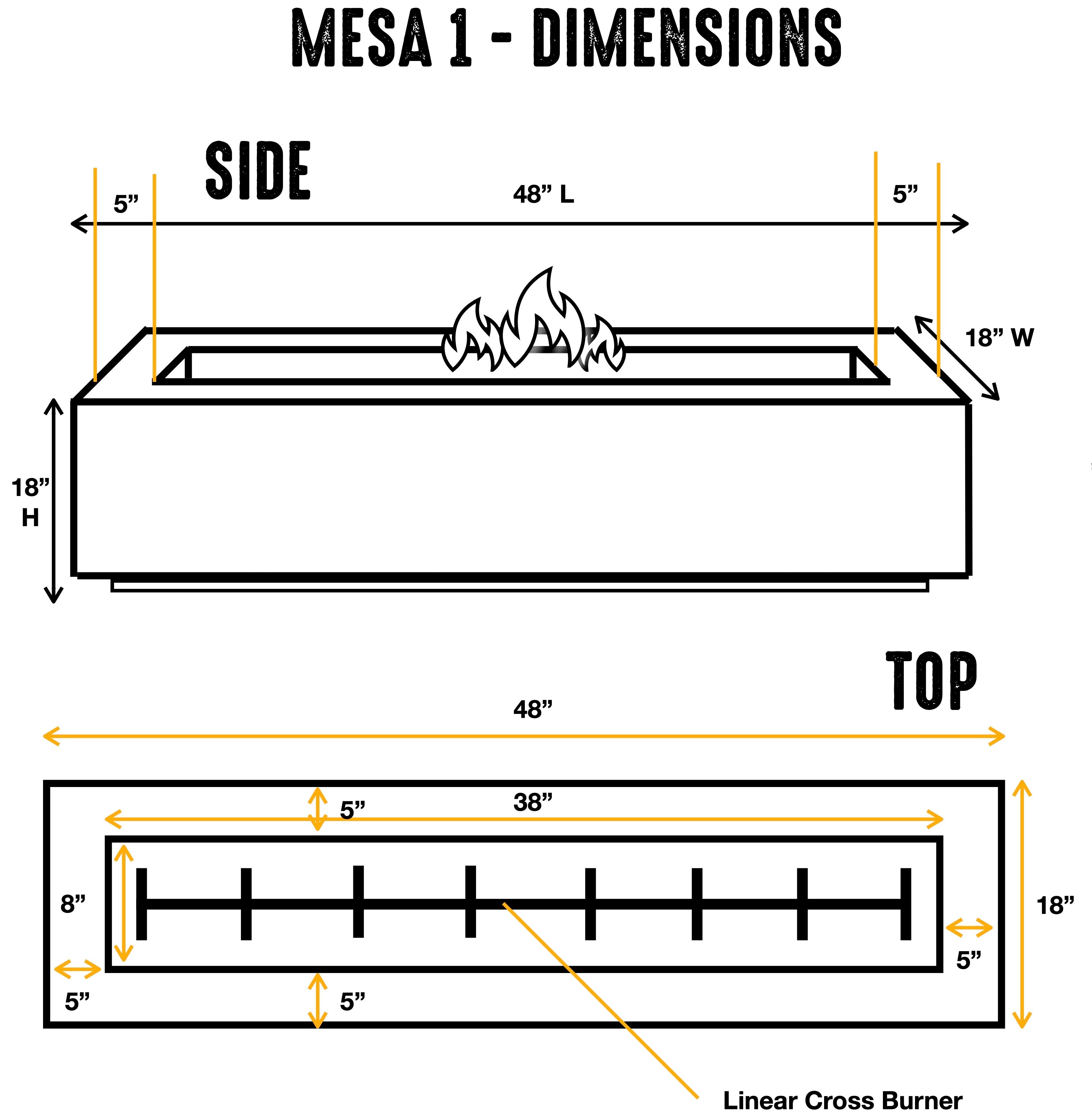 MESA 1 - 48" Premium Rectangular Cement Fire Pit Table Bowl GFRC Square Concrete - Natural Gas or Propane
