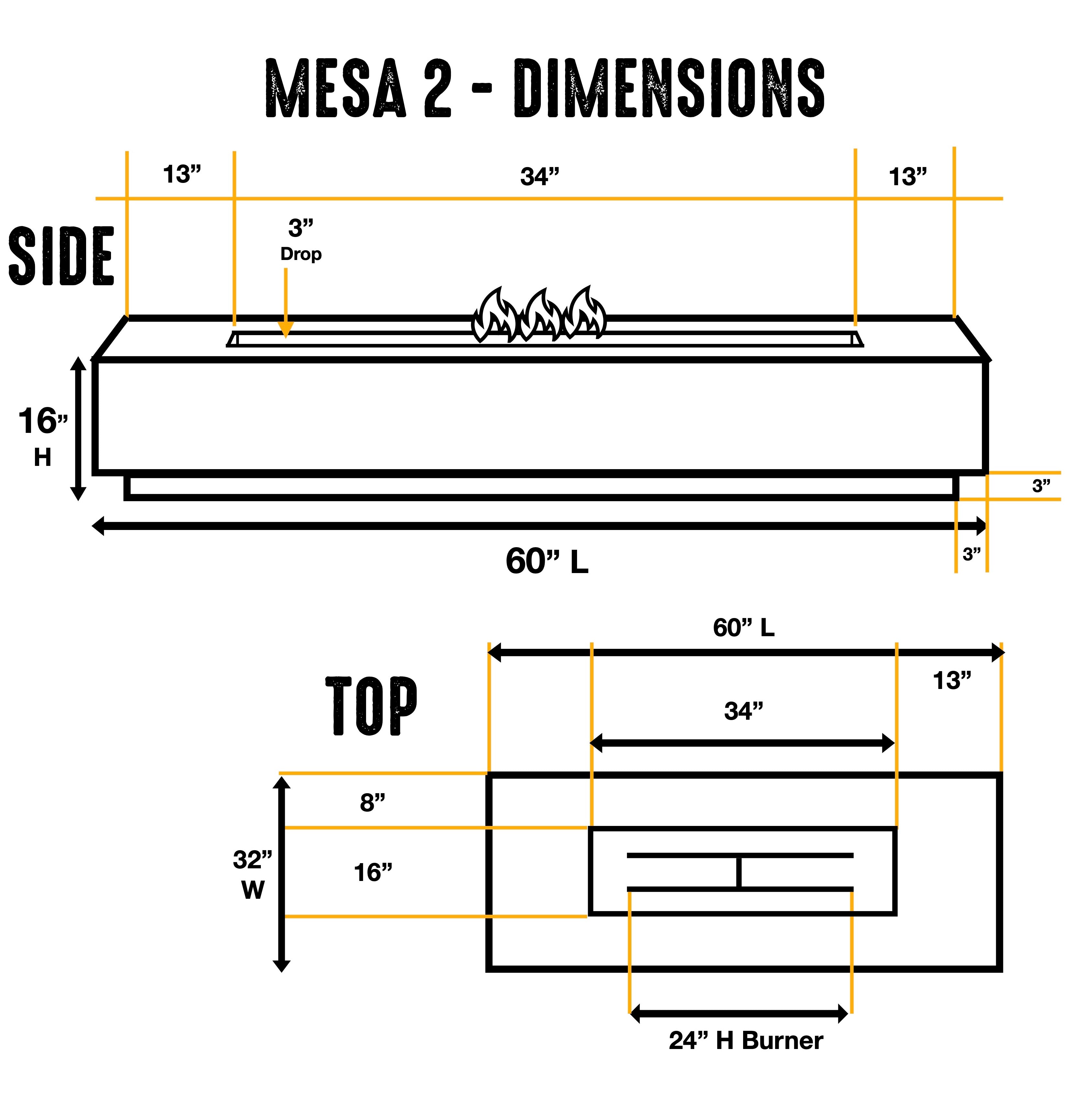 MESA 2 - 60" Premium Rectangular Cement Fire Pit Table Bowl GFRC Square Concrete - Natural Gas or Propane