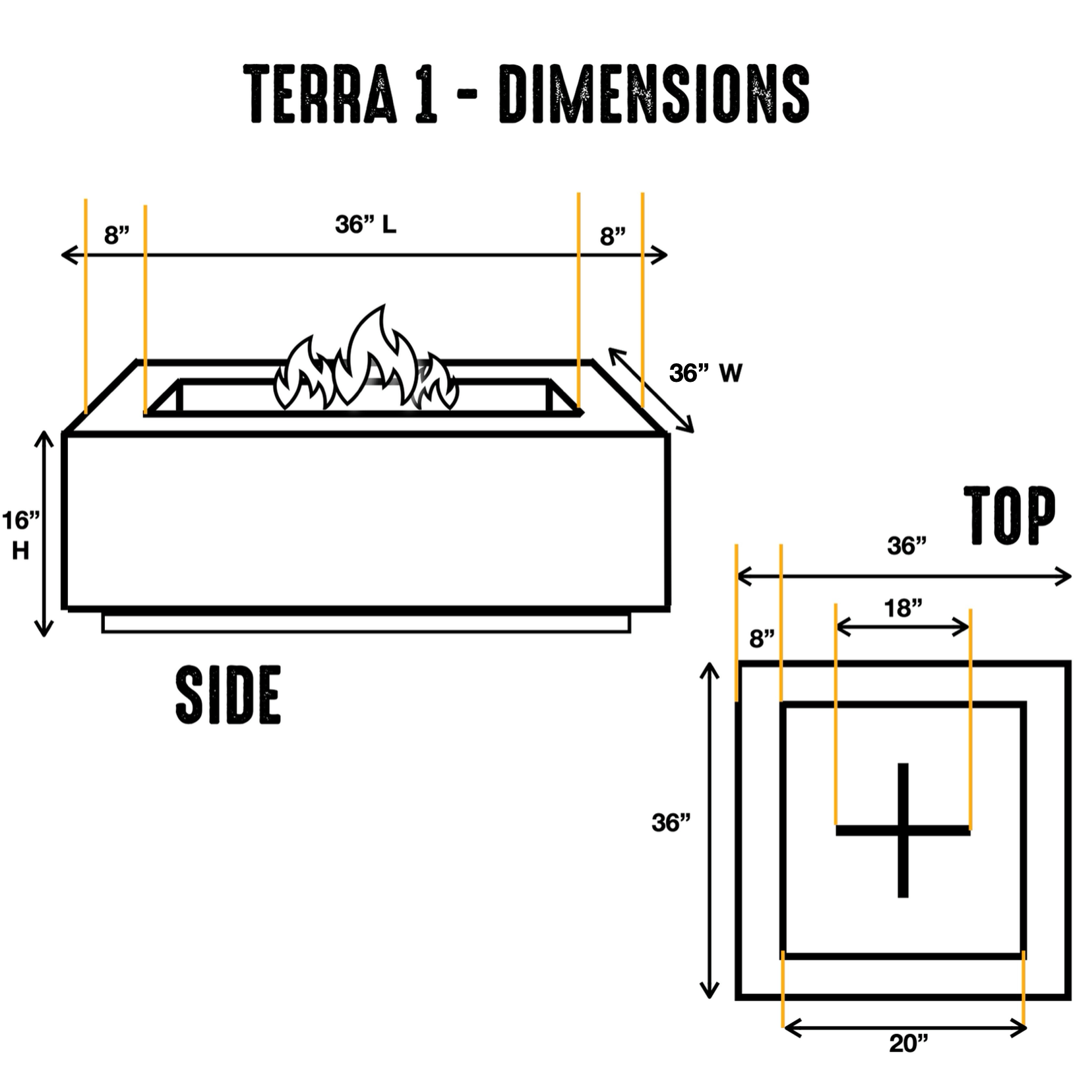 TERRA 1 - 36" Premium Square Cement Fire Pit Table Bowl GFRC Concrete - Natural Gas or Propane