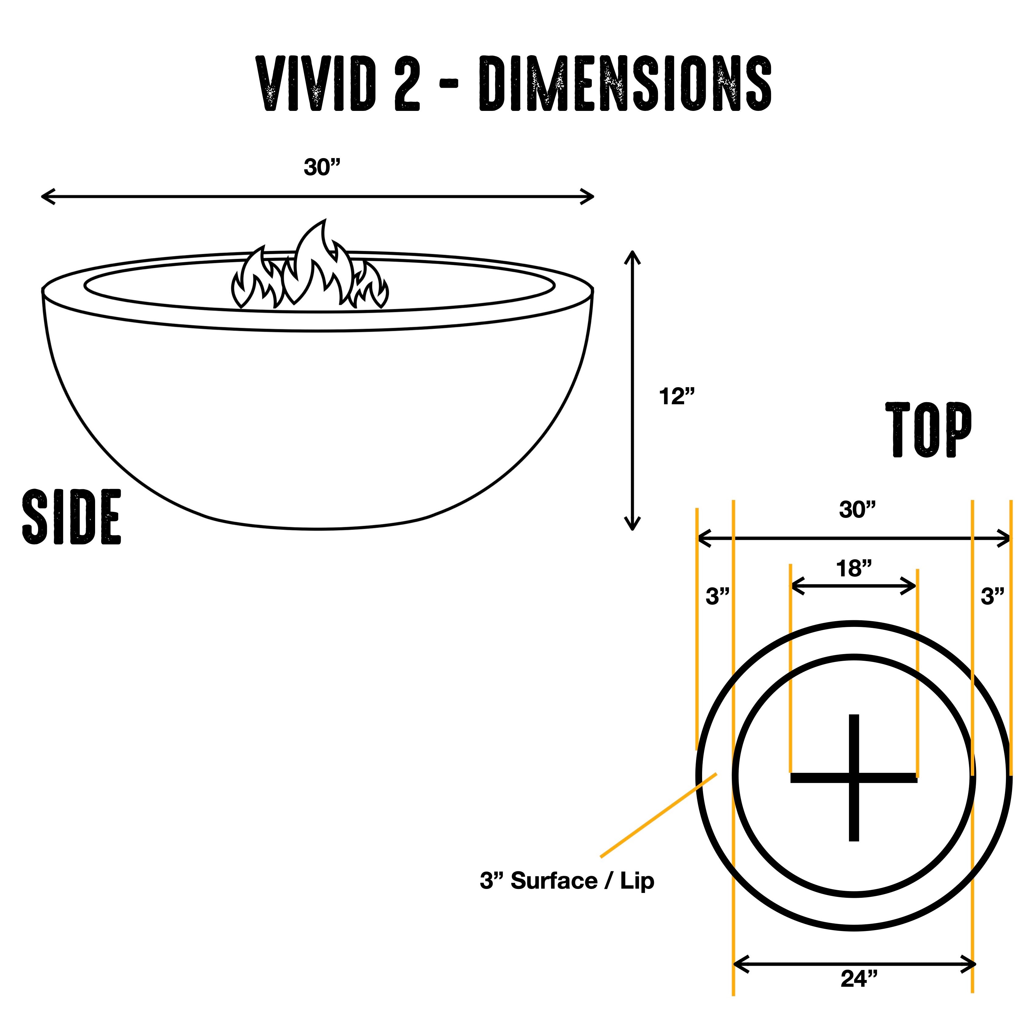 VIVID 2 - 30" Premium Round Cement Fire Pit Table Bowl GFRC Concrete - Natural Gas or Propane